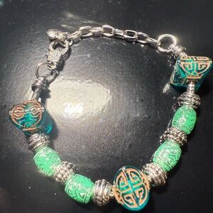 Silver and Green Beaded Bracelet